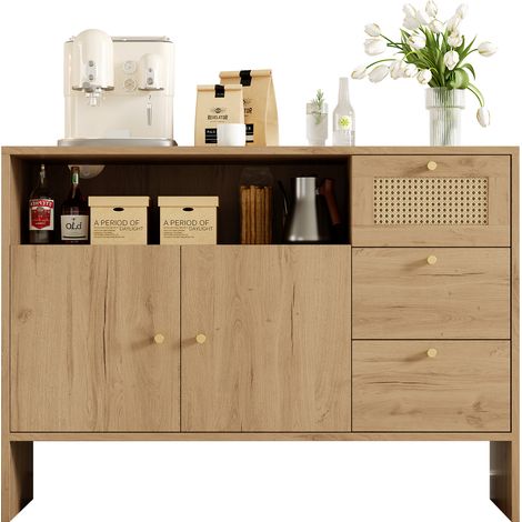 Buffet de cuisine avec 2 portes et 3 tiroirs – Commode de rangement avec rotin et poignées dorées pour cuisine et salon, coloris bois, 105 x 40 x 76 cm (1/5)