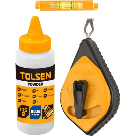 Set Tracciatore Traccialinee TOLSEN 30 m con Livella e Polvere Blu 115 g – 42013T (1/2)