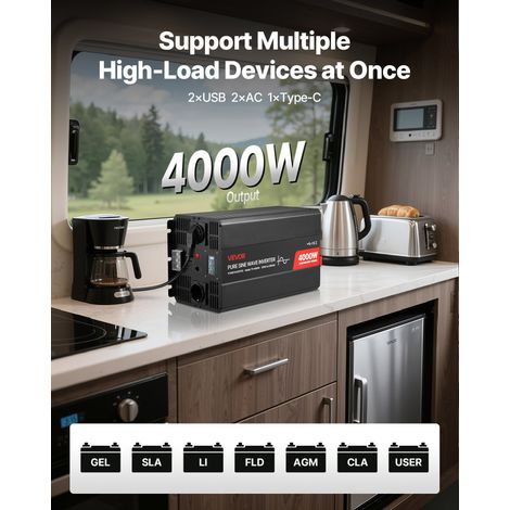 Convertisseur Pur Sinus CC 12 V vers CA 230 V Onduleur Sinusoïdal Pur 4000 W, avec Écran LCD, Télécommande Filaire, Port USB et Typ… (1/5)