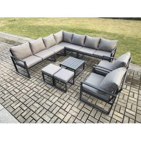 Fimous Aluminium Outdoor Garden Furniture Set Lounge Corner Sofa 2 Pcs Chair Square Coffee Table Sets with 2 Small Footstools Dark Grey (1/5)