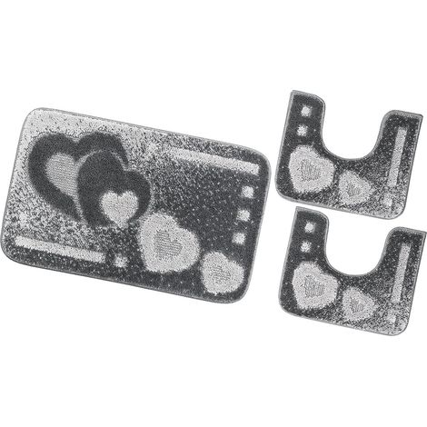 Tappeto Bagno Set 3 Pezzi Cuori Morbido Soffice Antiscivolo Assorbente Doccia 100% Made In Italy - Grigio (1/5)