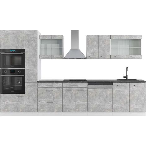 Küchenzeile R-Line, Beton/Weiß, 350 cm mit Hochschrank, AP Anthrazit, Vicco (1/5)