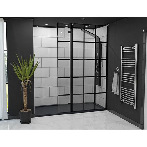 Colore 8mm Clear Glass Matt Black Crittall Frame 1950mm x 300mm Walk In Shower Hinged Return Screen (1/5)