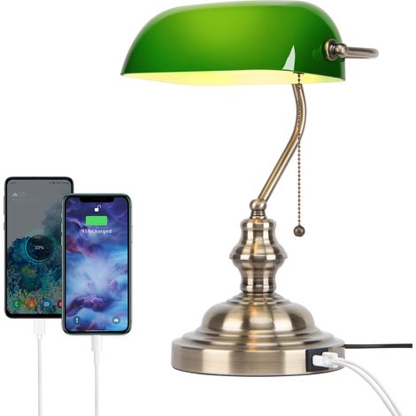 JCPYIUL grüne Glas Banker Schreibtischlampe retro mit USB A und Type C Zugkettenschalter