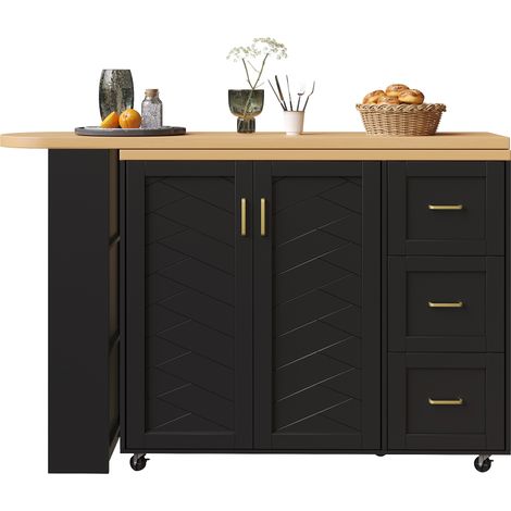 Chariot de bar extensible avec 2 portes et 3 tiroirs (135-228 x 39 x 104 cm), sur roulettes, table de bar blanc/noir, plateau aspect bois (1/5)
