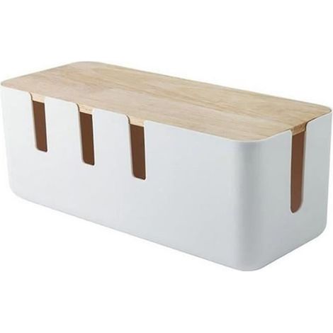 1 boîte rangement câbles, cache-prises en bois d'hévéa, ABS antidérapant, 9,1x18x12,7 cm, pour salon et bureau (1/4)