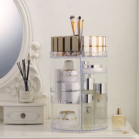 Boîte de rangement cosmétique transparente et légère de luxe, rotative à 360 degrés, pour coiffeuse de bureau, porte-pinceaux à rouge à lèvres (diamant transparent) (1/5)