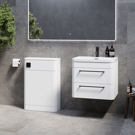 Oslo Gloss White 1150mm Wall Mounted Vanity Unit Toilet Suite with Fina Basin - 1150mm - Matt Black 320mm HandleWithout Jubilee Toilet Pan