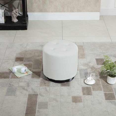 HOMCOM Repose-Pied Salon Pivotant 360° - Ottoman Rond Rembourré en PU, Base en Acier, Ø45,5x44,5cm, Blanc (1/5)