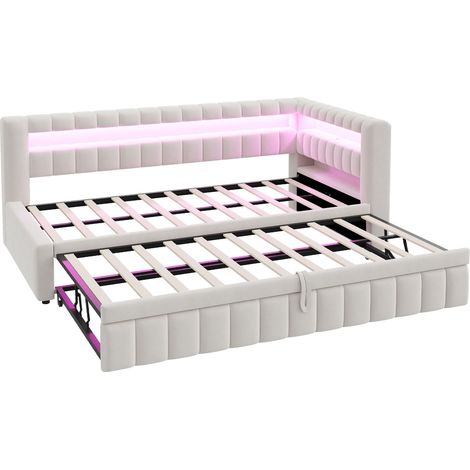 Ausziehbares Schlafsofa mit Gästebett 90 x 200 cm, LED, USB-C, beiger Samt, MODENUIT (1/5)