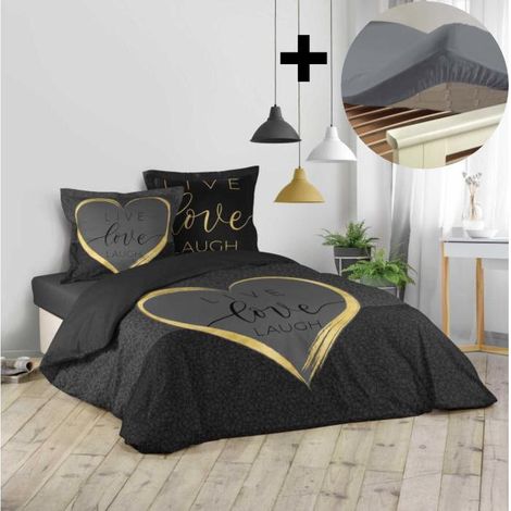 Pack parure de couette 200x200 cm 100% coton Crazy love + drap housse 140x190 cm Gris (1/3)