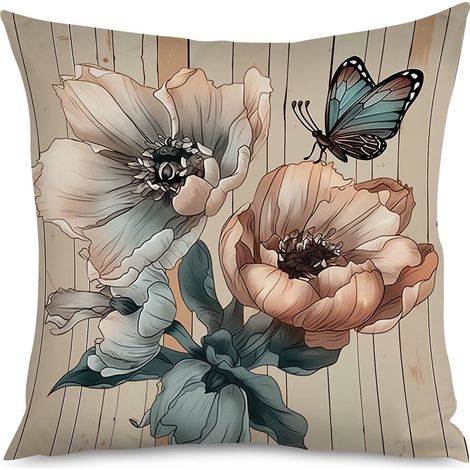 Housse de coussin imprimé bois gris et fleurs mauves (1/5)
