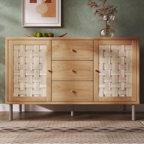 Buffet de rangement en bois coloris chêne avec 2 portes, 3 tiroirs et tablettes réglables, 120 x 40 x 75 cm (1/5)
