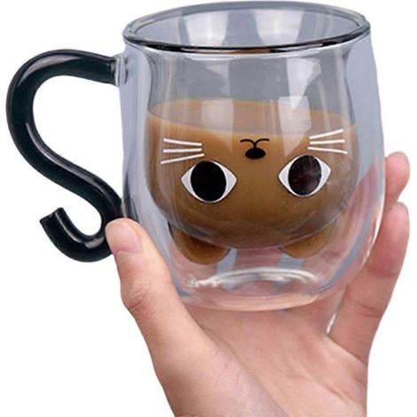 Verre tasse double paroi 250 ml mignon chat maison mug à café avec poignée pour et froid lait thé jus transparent (1/5)