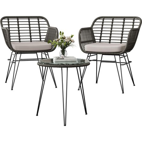 Salon en Rotin Pour 2 Pers - 2 Fauteuils + 1 Table - Résistant à l'eau - Jardin Balcon Terrasse - Gris/Beige - 48×56×82 cm (1/5)