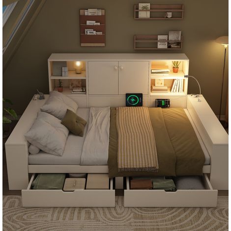 Letto contenitore moderno 140x200 cm bianco in legno con testiera portaoggetti, 2 cassetti, rete a doghe e USB/USB-C