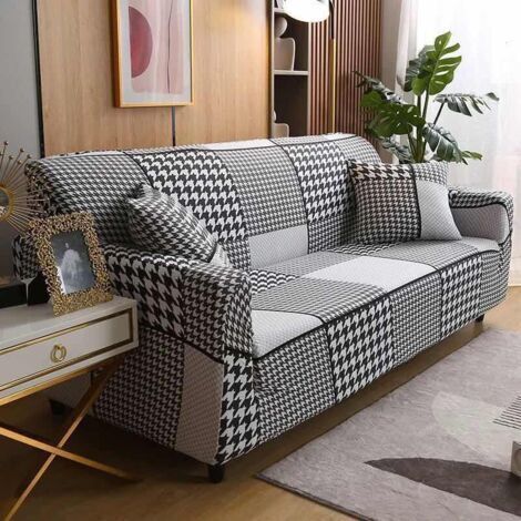 Housse de Canapé 2 Place 140180cm Couverture Canapé avec Accoudoirs Moderne Couvre Canapé Elastique Universelle Revêtement de Canapé Housse de Protection Plaid noir et blanc