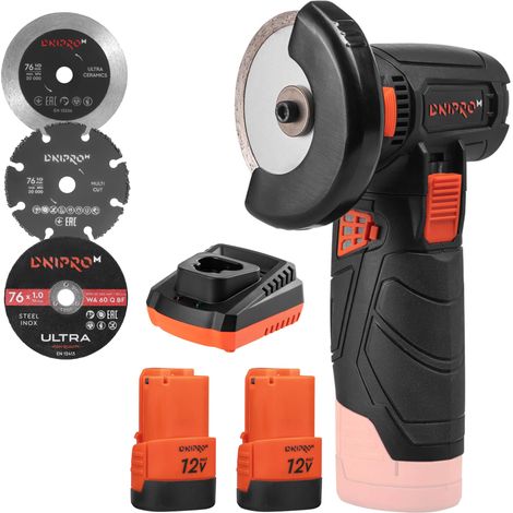 Dnipro-M CG-12BC Ultra Mini Amoladora Inalámbrica 12V 76mm Brushless 18500 RPM, KIT 2 Baterías 2Ah + Cargador Rápido + 7 Discos de Corte Incluidos, Freno Electrónico (1/5)
