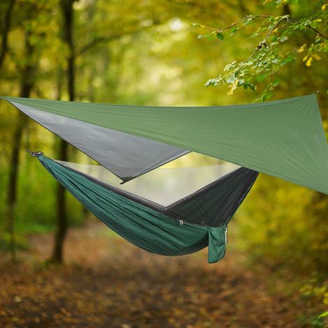 Ensemble hamac suspendu portable avec moustiquaire pour jardin, cour ou voyage, idéal pour le camping et les voyages (la couleur du sac de fixation au sol est aléatoire) (auvent vert militaire, hamac (1/5)