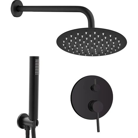 Set doccia York nero opaco con miscelatore, braccio 30 cm, soffione 25cm e kit con doccino, flessibile e presa acqua (1/5)
