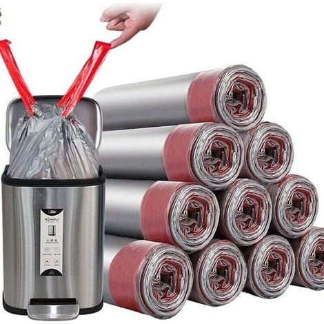 Sac poubelle Sacs à ordures avec cordon de serrage - Doublures de poubelles de salle de bain plus épaisses pour chambre à coucher, cuisine, 50 unités, 4 à 6 gallons (gris) (1/4)