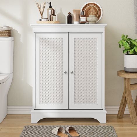 Meuble de salle de bain sur pied blanc avec porte en cannage, étagère réglable, style bohème