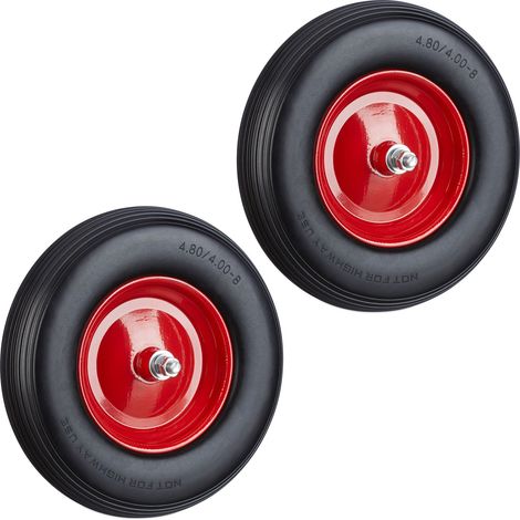 2x Ruota per Carriola Gomma Piena con Asse 4.80 4.00-8 di Ricambio, Carico Max 100 kg, Antipanne, Rosso Nero