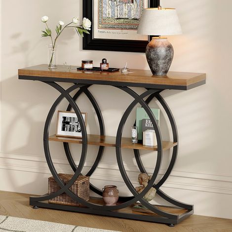 Table console étroite pour le couloir 105x30, Table de canapé industrielle à 3 niveaux avec base ronde, Table d'appoint en bois avec compartiments de rangement pour salon, couloir, entrée (1/5)