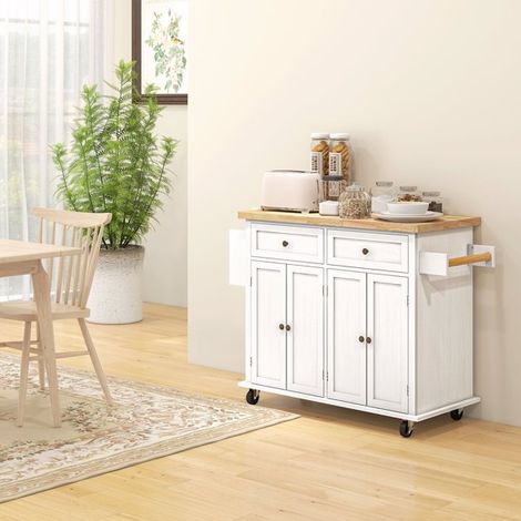 Modern Kitchen Island with Storage Drawers,Adjustable Shelves,Towel Bar,Spice Rack,and Rolling Casters in Distressed White