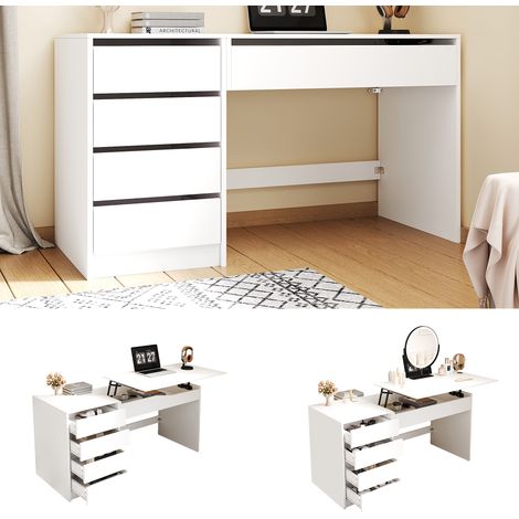 120×50×78–92 cm, bureau à hauteur réglable avec 4 tiroirs – coiffeuse et bureau d’ordinateur combinés blancs, réglage manuel de la hauteur et rangement caché, bureau, coiffeuse. (1/5)