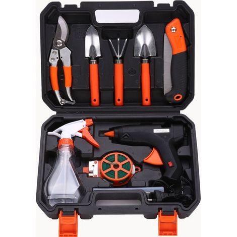 Set di 10 attrezzi, cassetta degli attrezzi, attrezzi da giardino, set combinato, set pistola per colla a caldo, attrezzi da giardino (1/2)