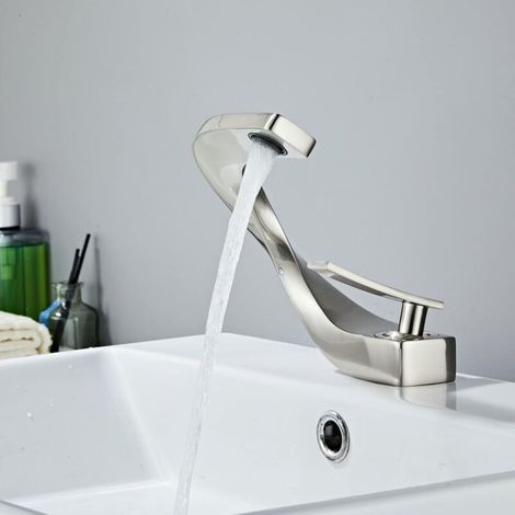 Robinet lavabo nickel brossé – Mitigeur monotrou en laiton – Design élégant pour salle d’eau ou salle de bain
