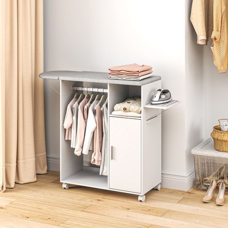 Bügelschrank auf Rollen, klappbares Bügelbrett, verstellbarer Einlegeboden, Kleiderstange, 127 x 42,5 x 99 cm, weiß