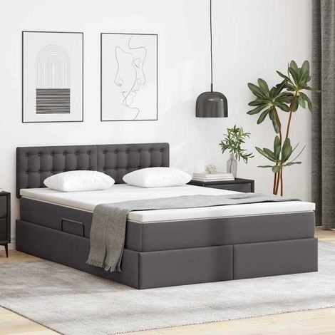 Cama con almacenamiento y LED Gris 140 x 190 cm Cuero sintético