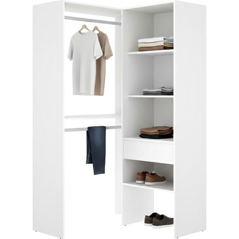 Großer Kleiderschrank Bandon, Schlafzimmer-Schrank, modular, 5 Regale, Kleiderstange, 88x185h cm, Weiß