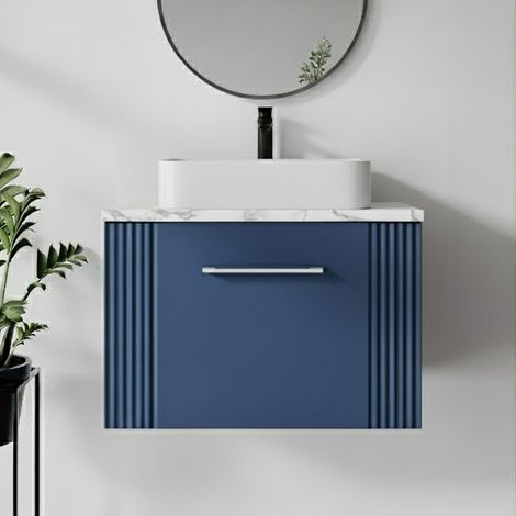 Nuie Deco Wall Hung 1-Drawer Vanity Unit with Carrera Marble Worktop 600mm Wide - Satin Blue
