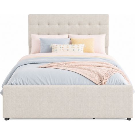 Letto matrimoniale 140x200 cm con letto estraibile, 3 cassetti, testiera regolabile, rivestimento in tessuto beige, struttura in MDF, senza materasso – CHICFURN (1/5)