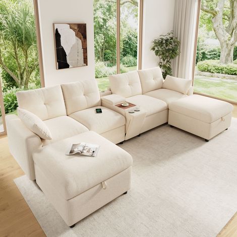 Canapé panoramique modulable XL 6 places avec rangement, canapé en U/L en chenille avec 2 poufs coffre, console, USB Type-C et porte-gobelets Beige, 316 x 140 x 84,5 cm