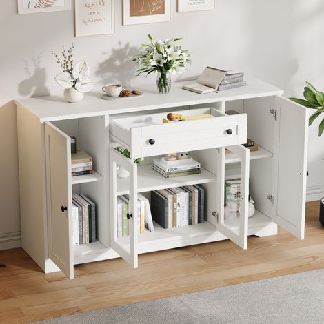 Aparador blanco 138 x 40 x 83 cm con 4 puertas, 2 puertas de vidrio, 1 cajón OKMYHOME (1/5)