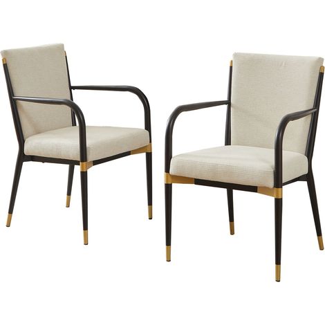 Lot de 2 chaises de salle à manger, chaise de cuisine design moderne avec accoudoirs pour salon, tissu rembourré en métal noir et doré, Beige (1/5)