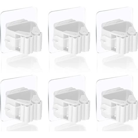 Soporte de pared para escobas (6 piezas, blanco), ganchos de pared para escobas, soporte de pared para escobas sin necesidad de taladrar (1/4)