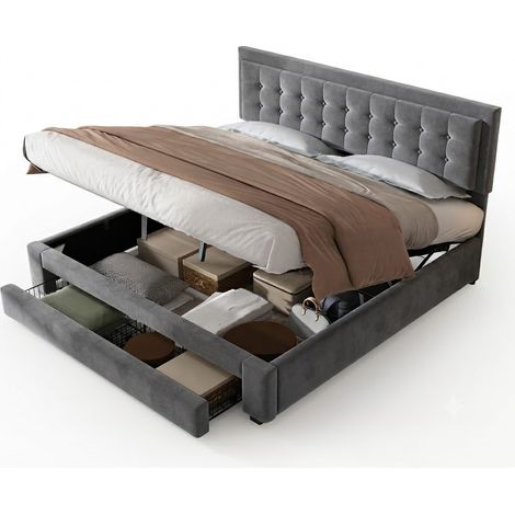 Lit Coffre 160 x 200 cm, Lit Double avec Tête de Lit Réglable, Rangement et Schubladen, sans Matelas, Gris (1/5)