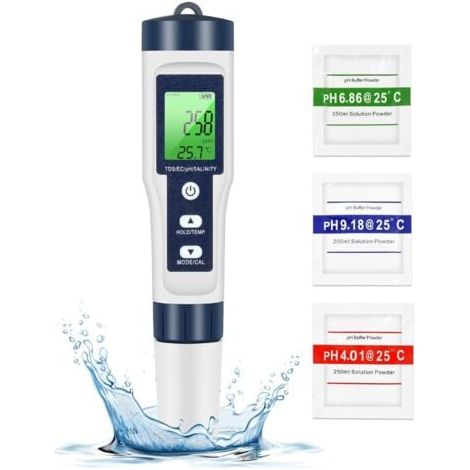 PH TDS mètre, testeur de qualité de l'eau 5 en 1 PH/TDS/EC/sel/température TDS mètre LCD rétro-éclairage vert pour piscine/aquarium/étang (1/5)