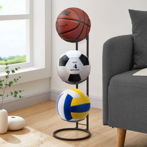 Support de rangement pour ballons de basket-ball, de football en salle et de volley-ball, présentoir à ballons en fer forgé, tube rond, noir. (1/5)