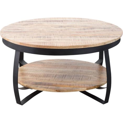 Made In Meubles – Table basse fixe en métal et manguier – Plateau 87 cm – Double-plateau de rangement – Design industriel (1/5)