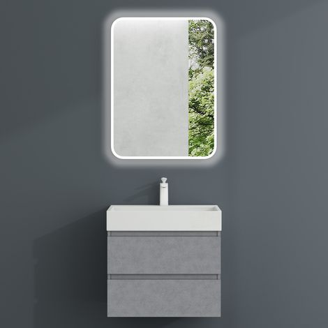 Mai & Mai Meuble sous Lavabo Argent Meubles de Salle de Bain 60x38x56cm Meuble Suspendu avec 2 Tiroirs + Lavabo + Bonde + Miroir Verona (1/5)