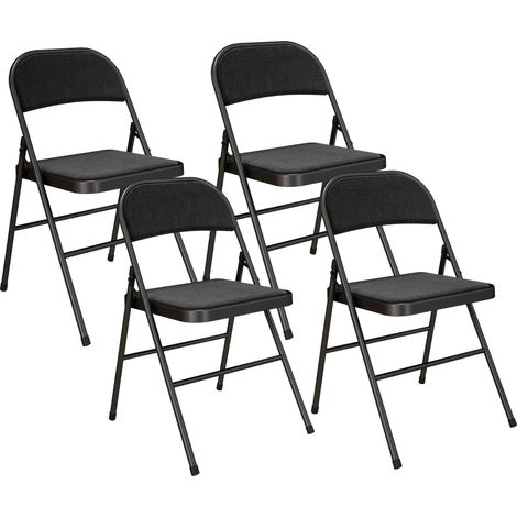 Ensemble de 4 chaises pliantes, chaises de bureau portables, pieds en métal, idéales pour le bureau, la réception ou la salle d'attente, aspect lin, noires. (1/5)