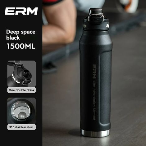 (Noir, 1500 ml) Bouteille d'eau isotherme pour boissons chaudes et froides, en acier inoxydable à double paroi, avec poignée de transport, adaptée au sport et aux activités de plein air. (1/4)