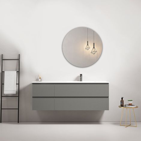 Mobile bagno sospeso cannettato 140 cm Grigio Londra Lavabo a Destra in Resina Specchio Tondo - Fiji Paint (1/4)