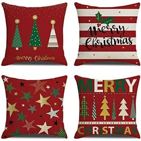 Housse de coussin de Noël – Lot de 4 housses de coussin en coton et lin rouges décoratives de Noël – Coussin pour canapé, salon, lit, voiture, taie d'oreiller carrée
